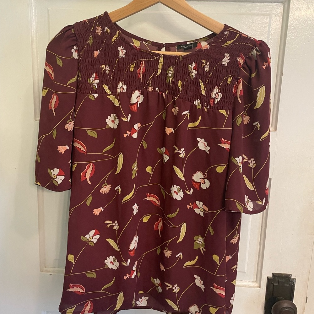 Ann Taylor Burgundy Floral Smocked Yoke Blouse